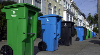 zero waste photo - green, blue, black bins