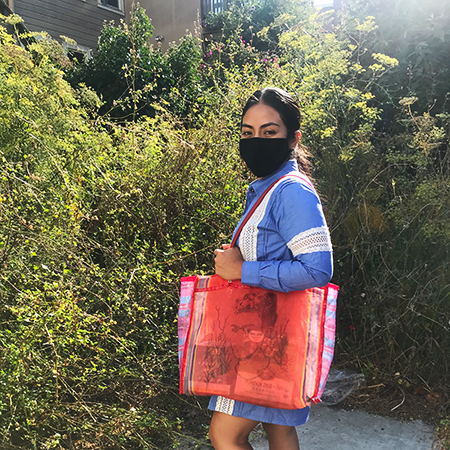 Woman with black hair wearing black mask, blue dress holding a red bag standing in front of green bushes