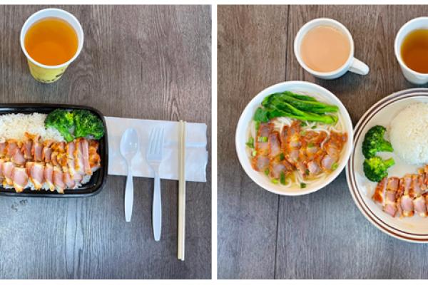 Before and after of meal served in disposable foodware on the left and meal served in reusable foodware on the right