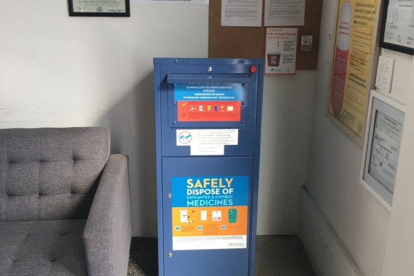 Blue kiosk for safe medicine disposal