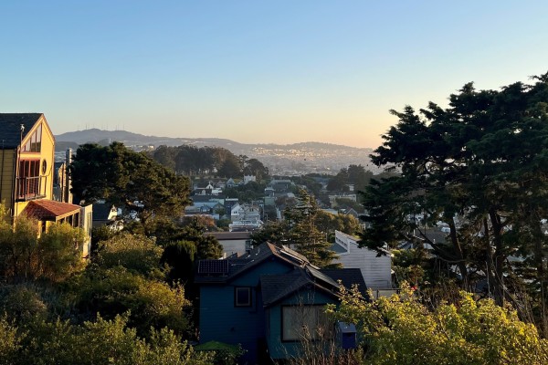 A view of San Francisco from Bernal Heights neighborhood there are trees to the right and residential properties to the left.