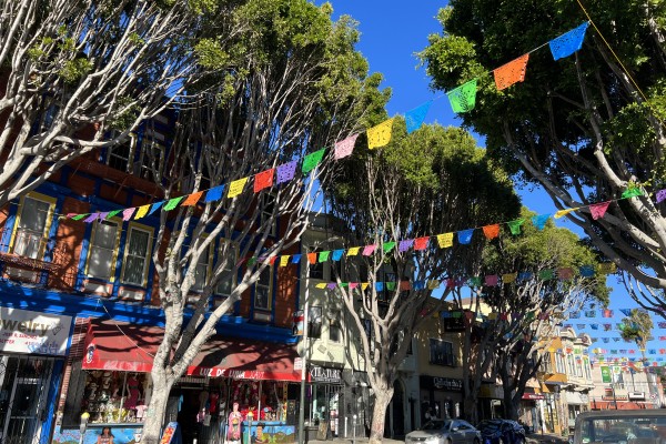 Looking down a street in the Mission with trees lining the street and multicolored flags spanning across the street.