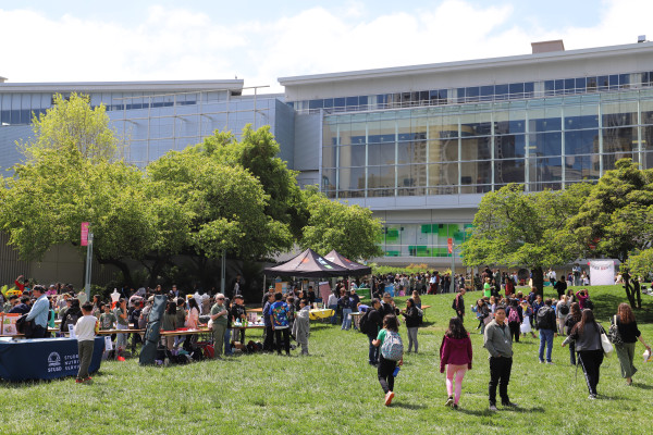 A gathering of students and educators at Yerba Buena gardens