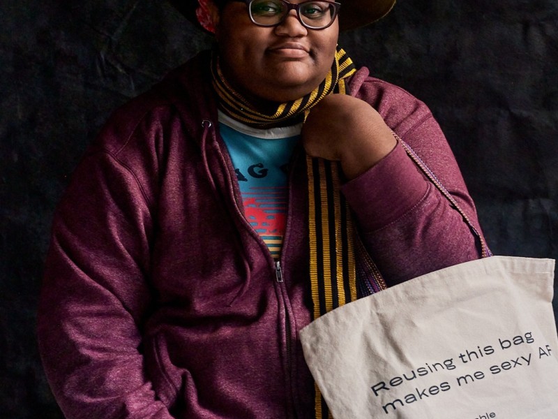 one person posing at SFE's Reuse-SF pop-up event
