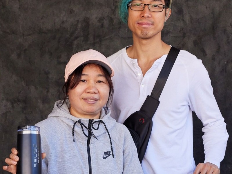 two people posing at SFE's Reuse-SF pop-up event