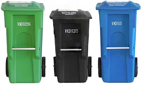 Three refuse bins, from left to right: green compost bin, black bin for waste, and finally the blue recycle bin