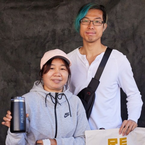 two people posing at SFE's Reuse-SF pop-up event