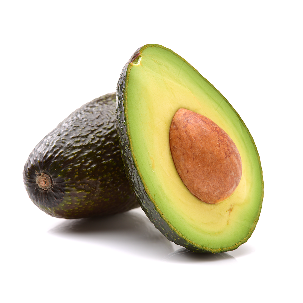 An open avocado with pit exposed rests on the side of another whole avocado