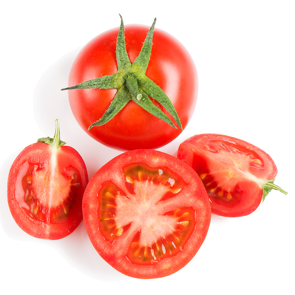 One whole tomato, two quartered tomatoes and one half tomato, all lying next to each other