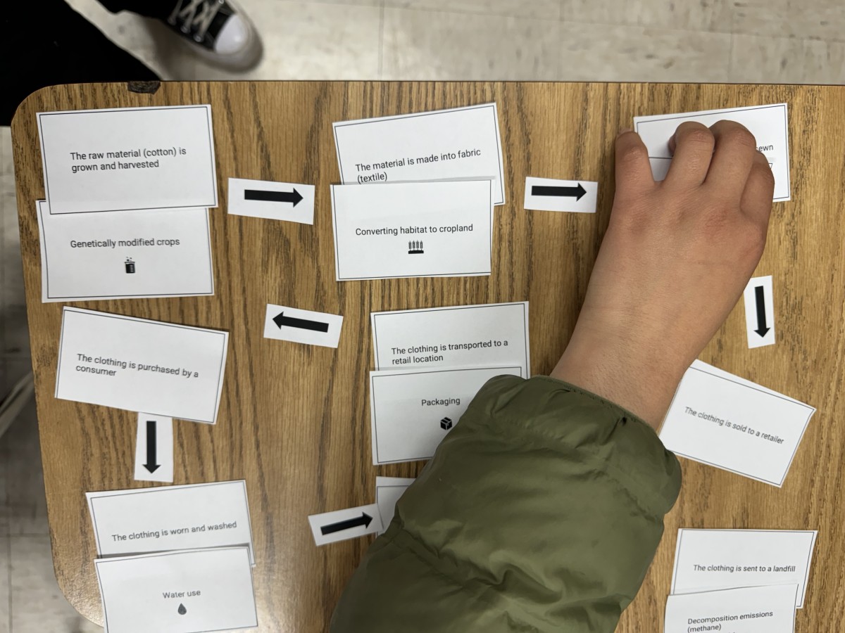 a student picks up a card as a part of environment department exercise