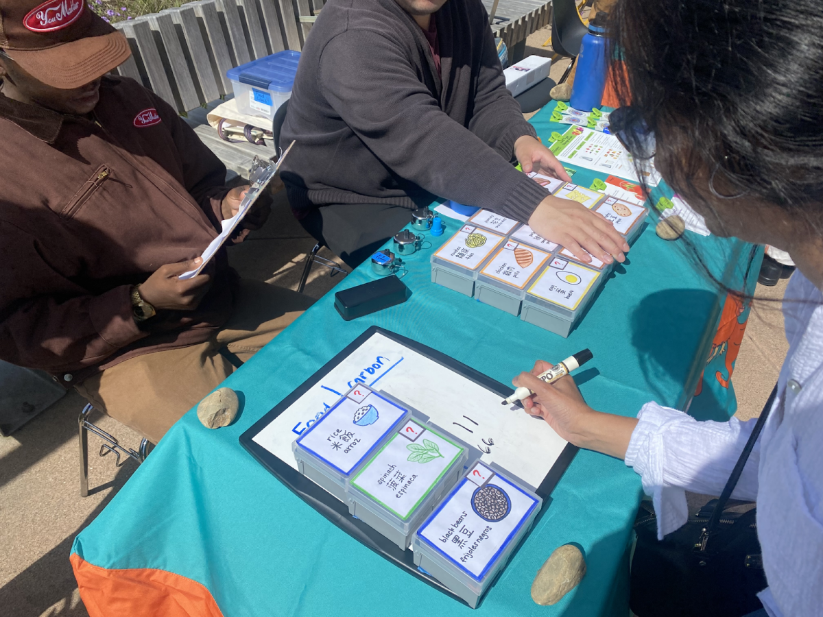 a table setup with educational materials, possibly related to environmental or food education. There are cards laid out on the table with images and labels, and a board labeled "Food System." A person is using a marker to interact with the materials, suggesting this could be an interactive or educational activity station.