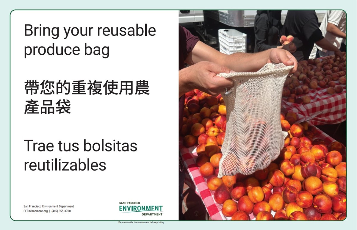 Bring your reusable produce bag text alongside a picture of someone holding a mesh fabric reusable produce bag with fruit inside.