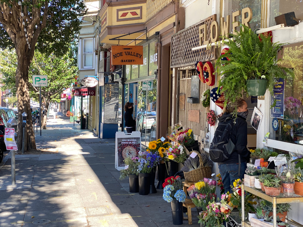 The sidewalk in front of a flower shop in Noe Valley