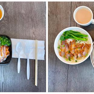 Before and after of meal served in disposable foodware on the left and meal served in reusable foodware on the right