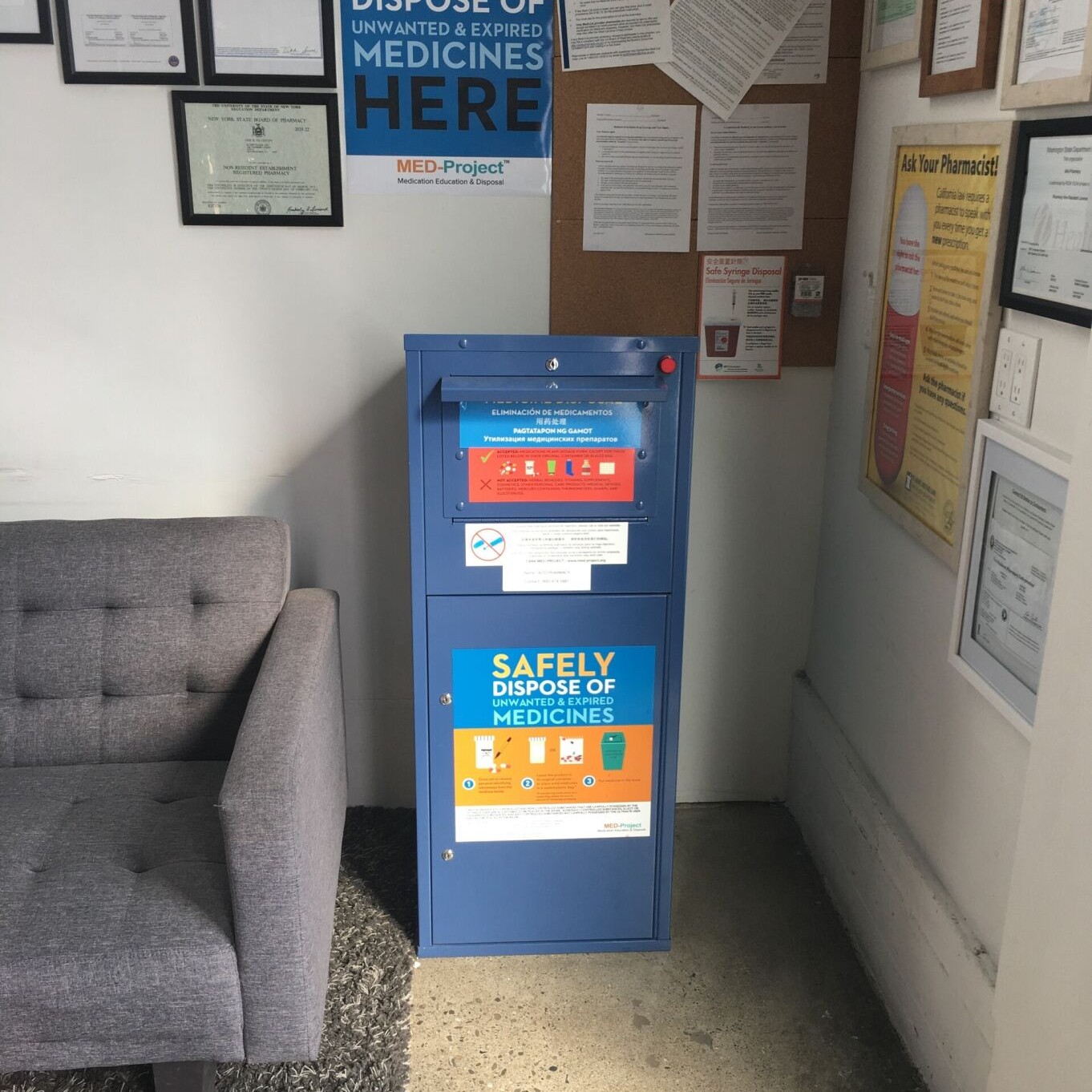 Blue kiosk for safe medicine disposal