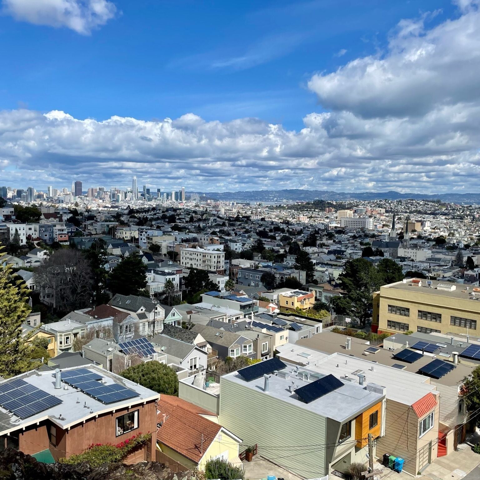 Solar panels seen from an aerial vantage point on residences in San Francisco