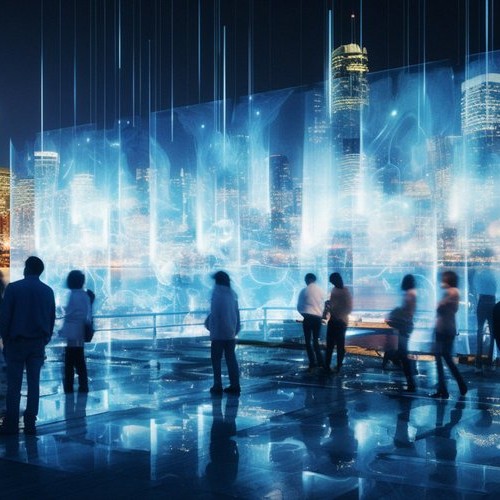 A futuristic image of people in a convention center
