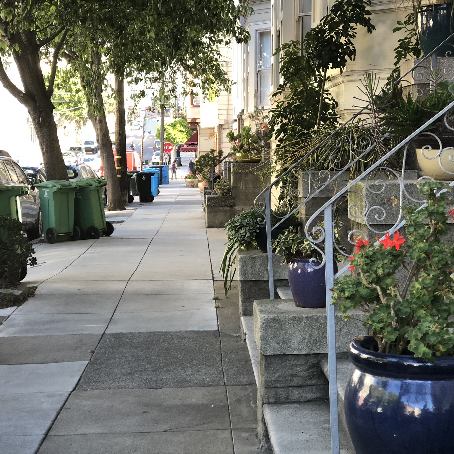 A residential sidewalk in San Francisco. There are stair stoops to the right and green, blue, and black bins lined up to the left, along the curb