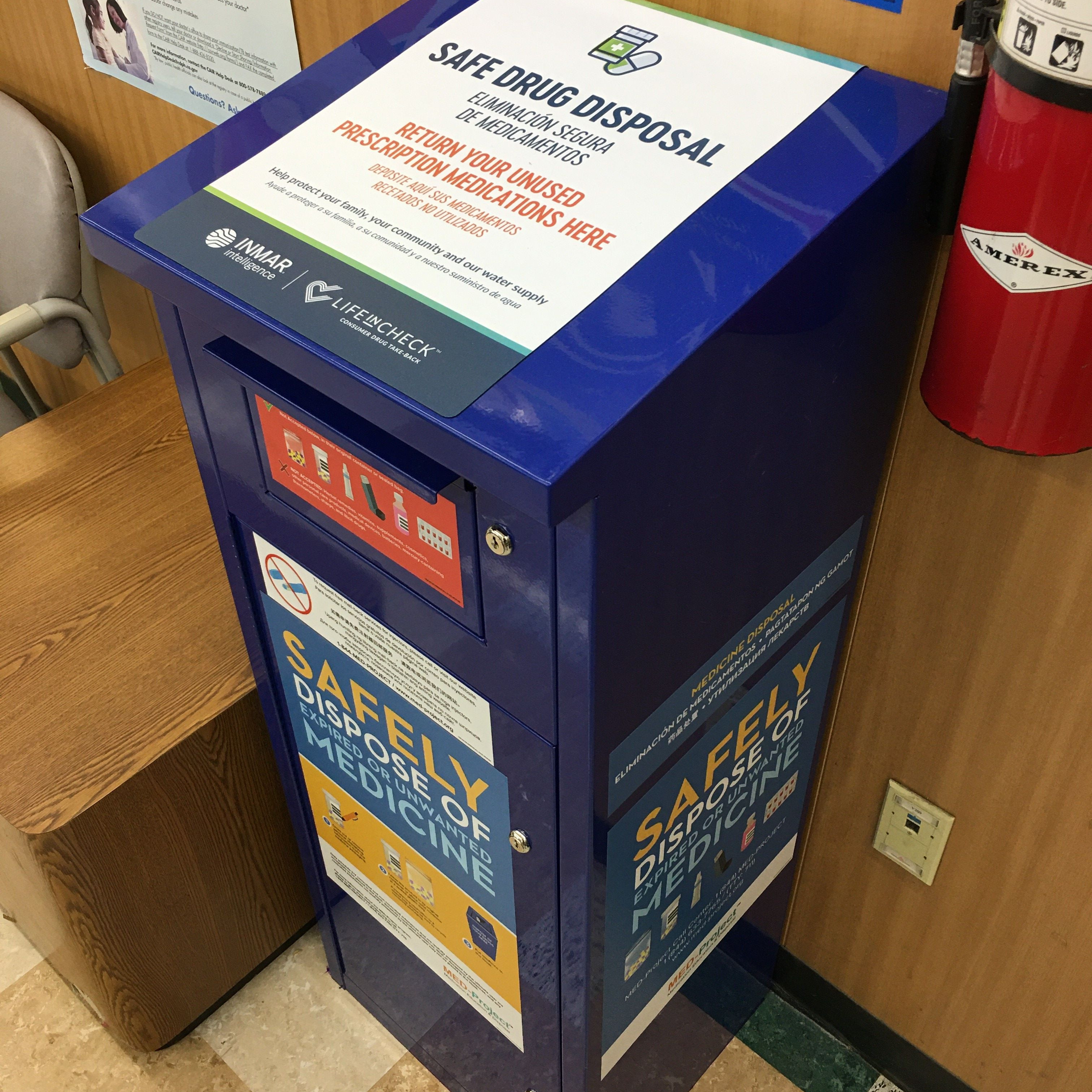 Blue kiosk for safe drug disposal 