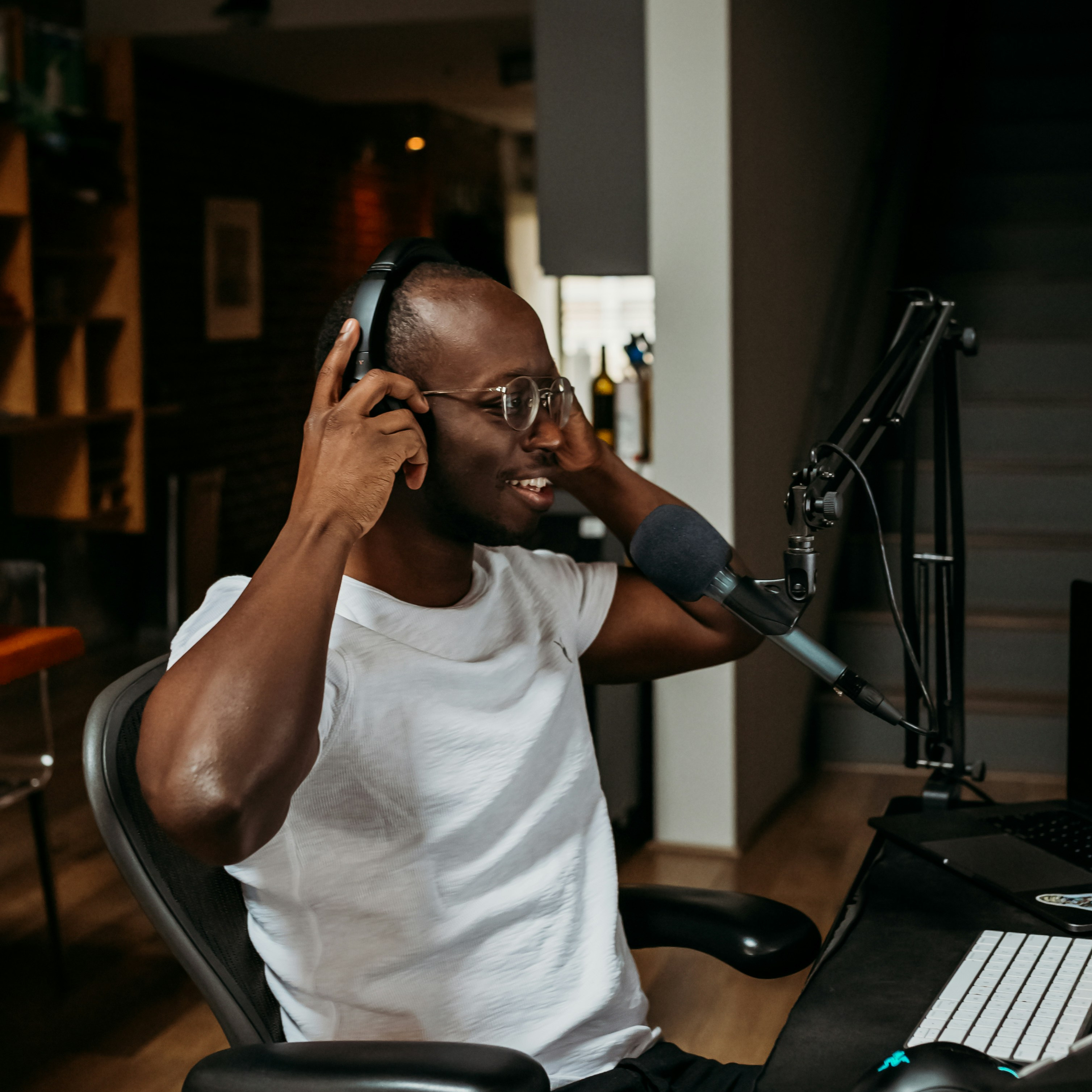 Podcast host recording