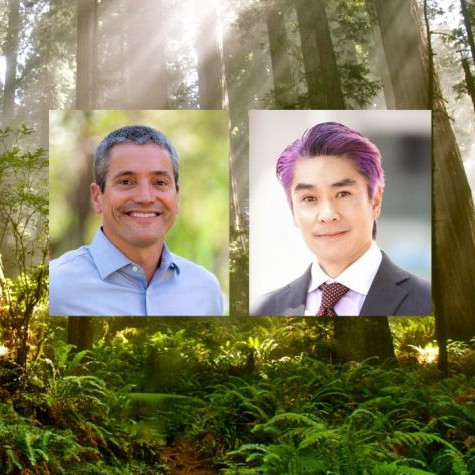 Redwood forest with two potraits superimposed in the foreground - one of Environment Director Ty Jue and the other of Secretary Wade Crowfoot
