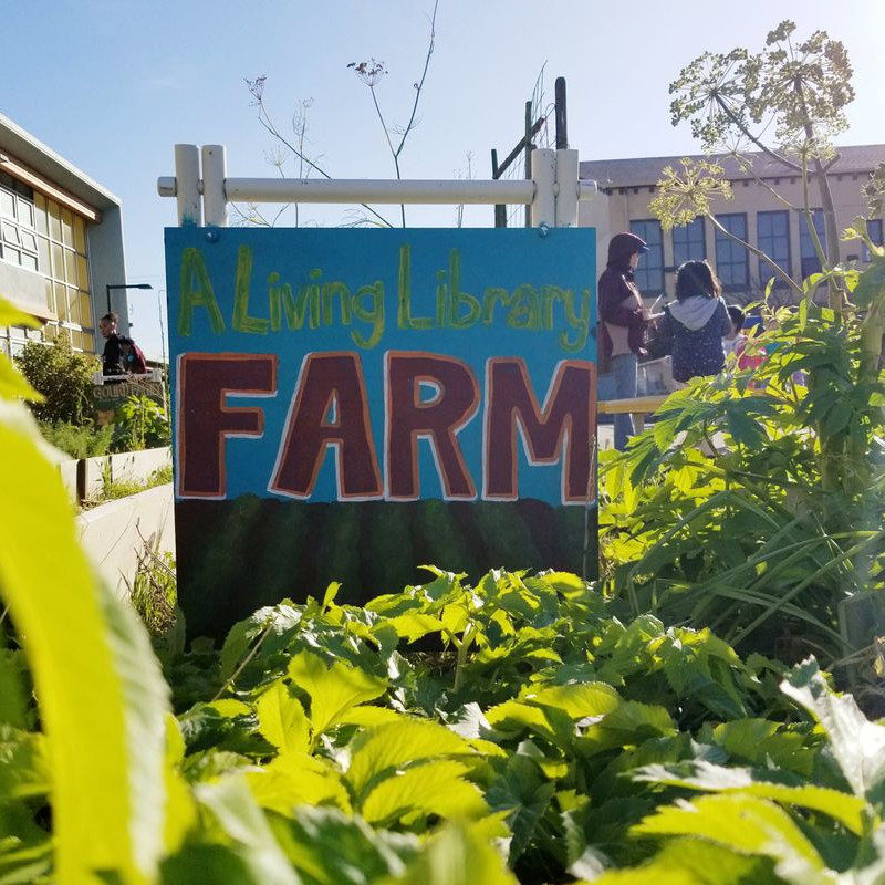 A hand painted sign in a lush green area reads, A Living Library Farm