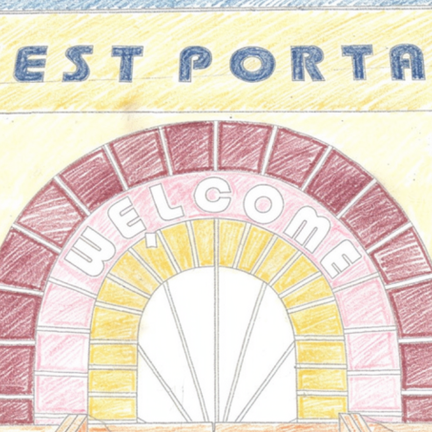 A sketch of a building with the title "West Portal" at the top. The sketch is colored with yellow colored pencil and the text is colored in dark blue. 