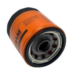 Image of an orange colored motor oil filter placed on its side